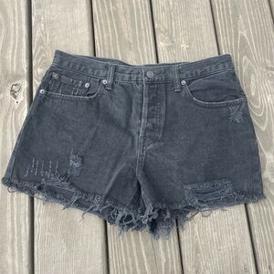 We The Free People Black Mid Rise Fray Hem Button Fly Jean Shorts